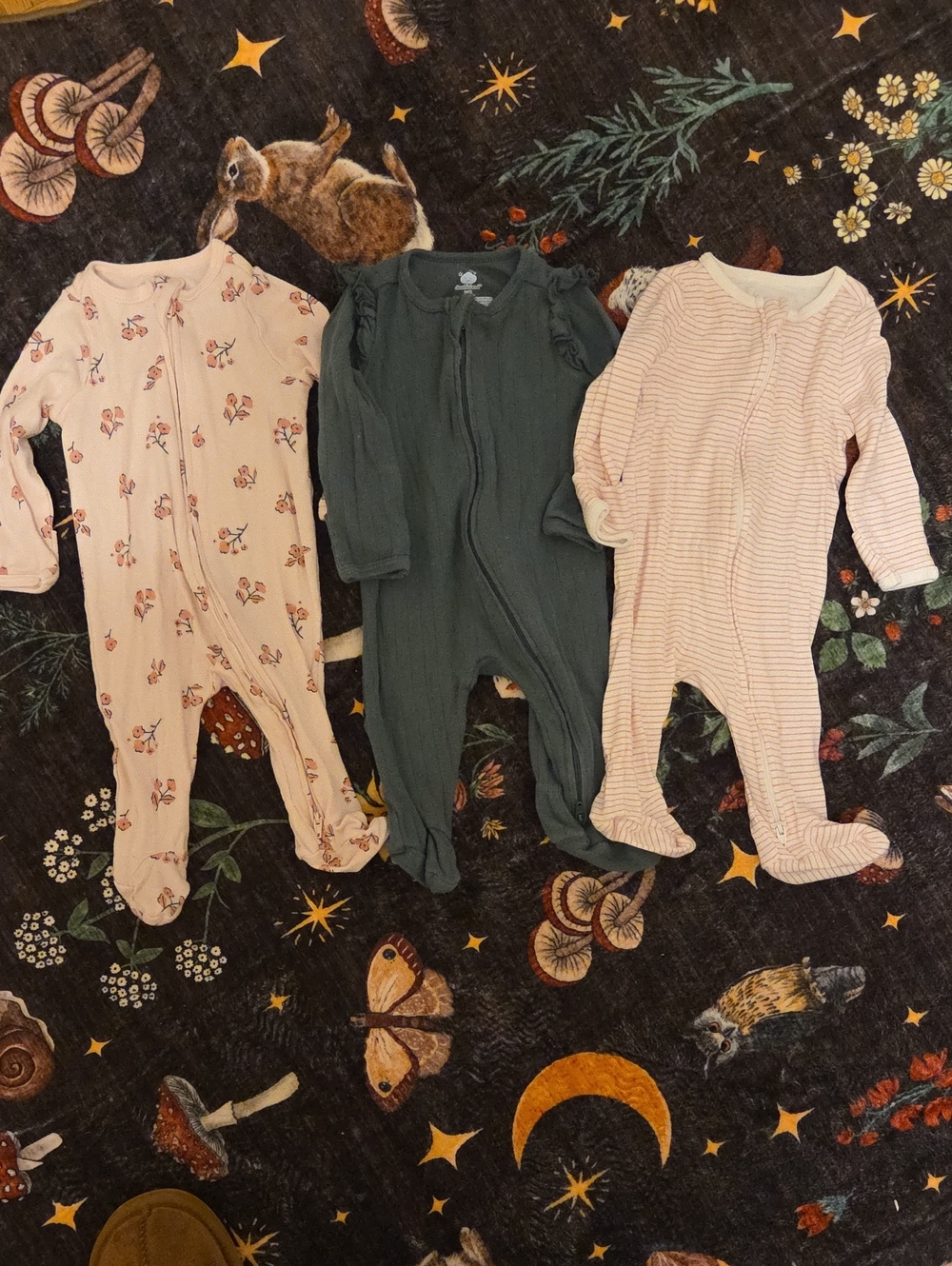 cloud island Green and Pink Baby Footed One-Pieces, Set of 3